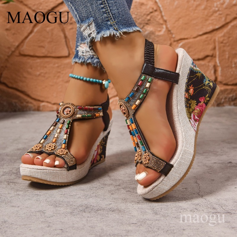 Boho Beaded Floral Wedge Sanda - đánh giá và giá Ethnic Fashion Women