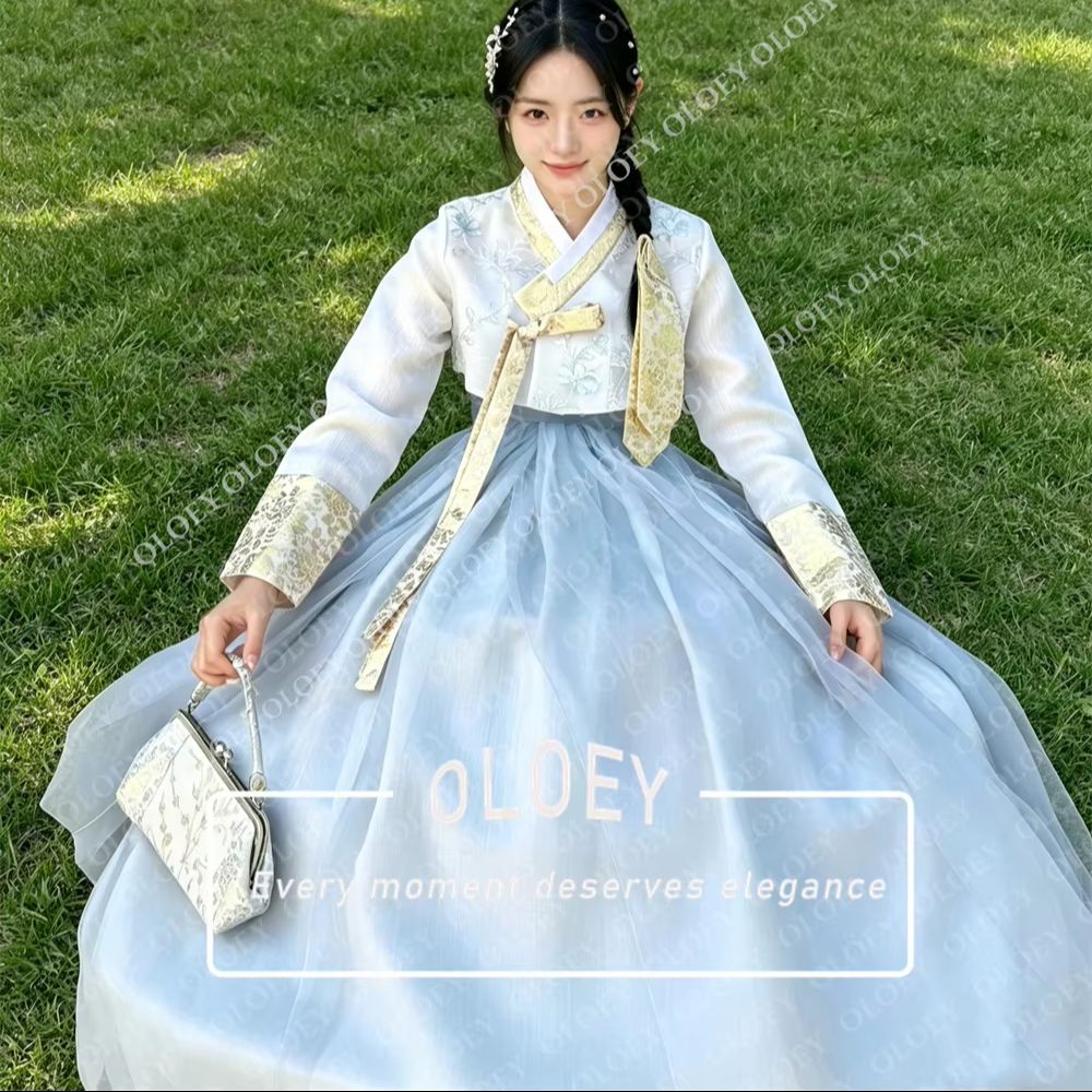 OLOEY Elegant Light Blue Ivory - đánh giá và giá Hanbok Modern Set